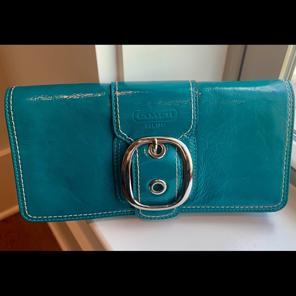 Coach leather teal clutch